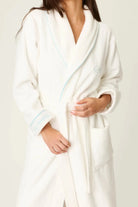 PJ SALVAGE Playful Cotton Terry Robe full length shot on model in the Happy Hour Classic White with embroidery showing close up of the self tie belt
