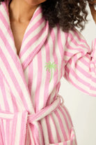 PJ SALVAGE Playful Cotton Terry Robe close up shot on model in the Out of Office Pink stripe print 