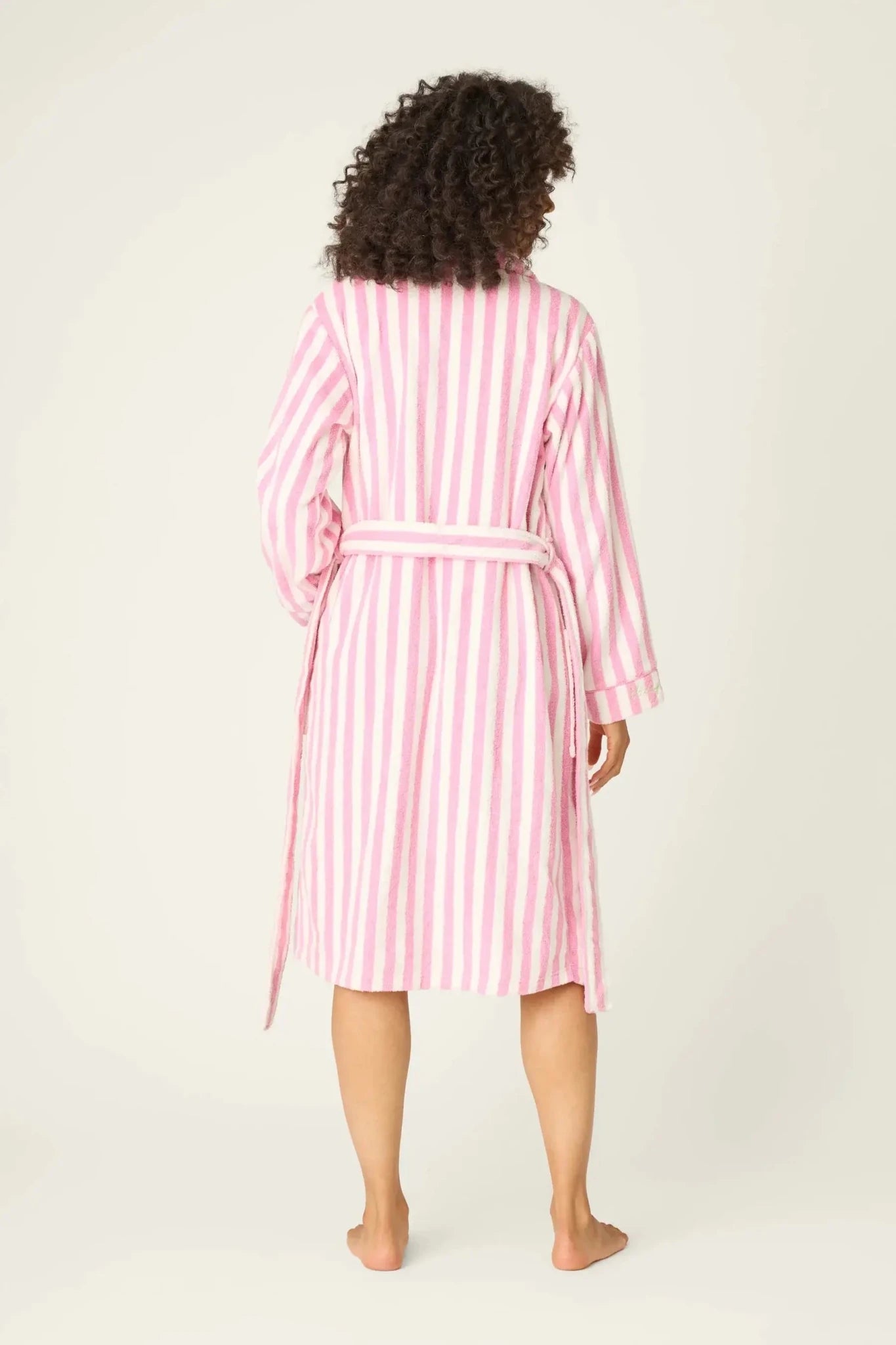 PJ SALVAGE Playful Cotton Terry Robe back view shot on model in the Out of Office Pink stripe print 