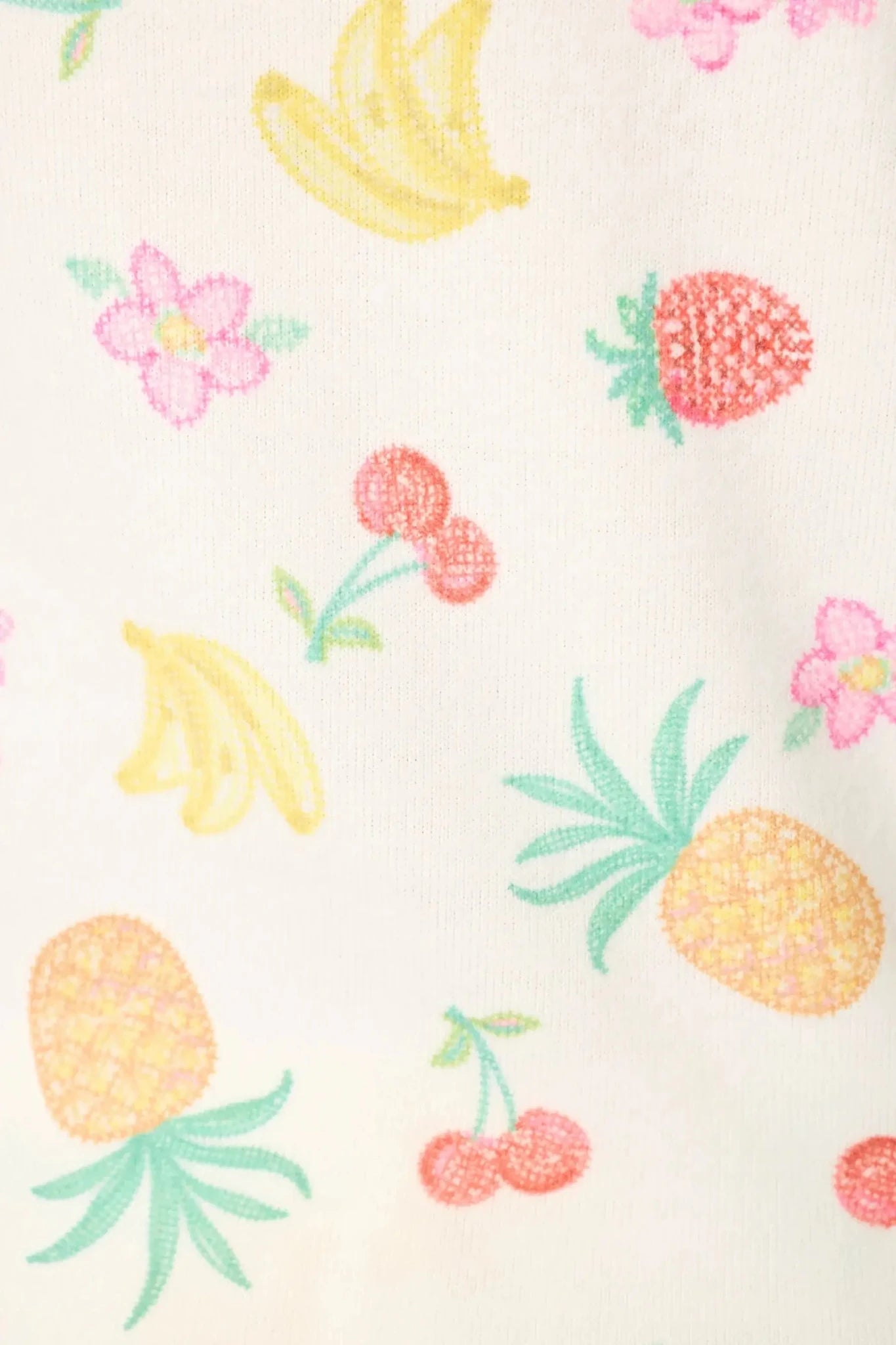 PJ SALVAGE — Viva la Vida Fruit Fiesta ivory fabric swatch showing the fruit print and faux-embroidery style. 