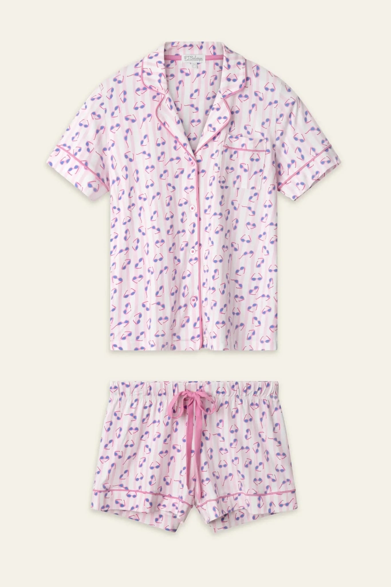 PJ Salvage Whimsy Button Up & Short Short Set in pink and purple floral print on a light background.