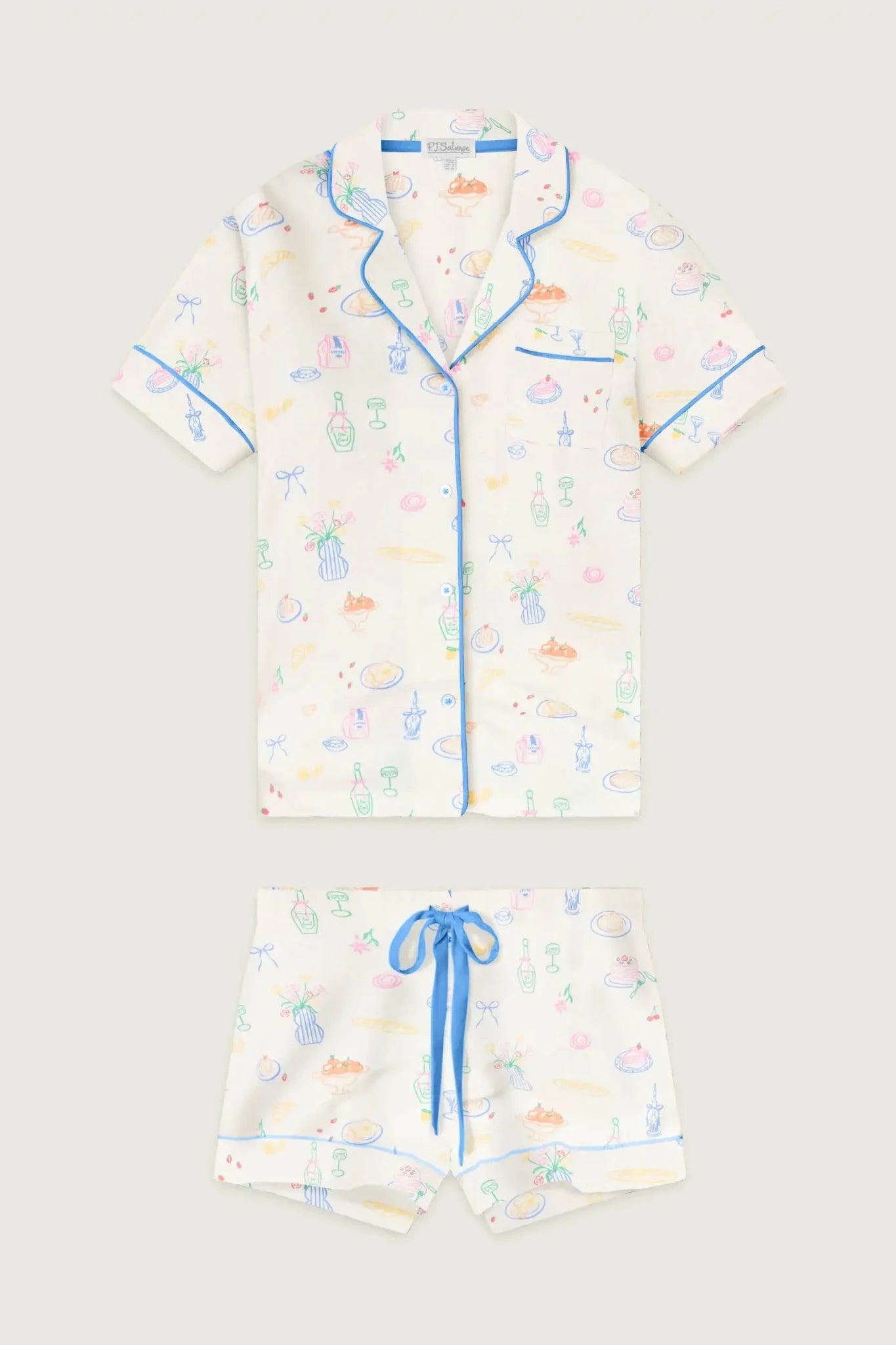 PJ Salvage Whimsy Button Up & Short Short Set in multiple fun prints with blue trim and playful designs.