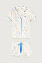 PJ Salvage Whimsy Button Up & Short Short Set in multiple fun prints with blue trim and playful designs.