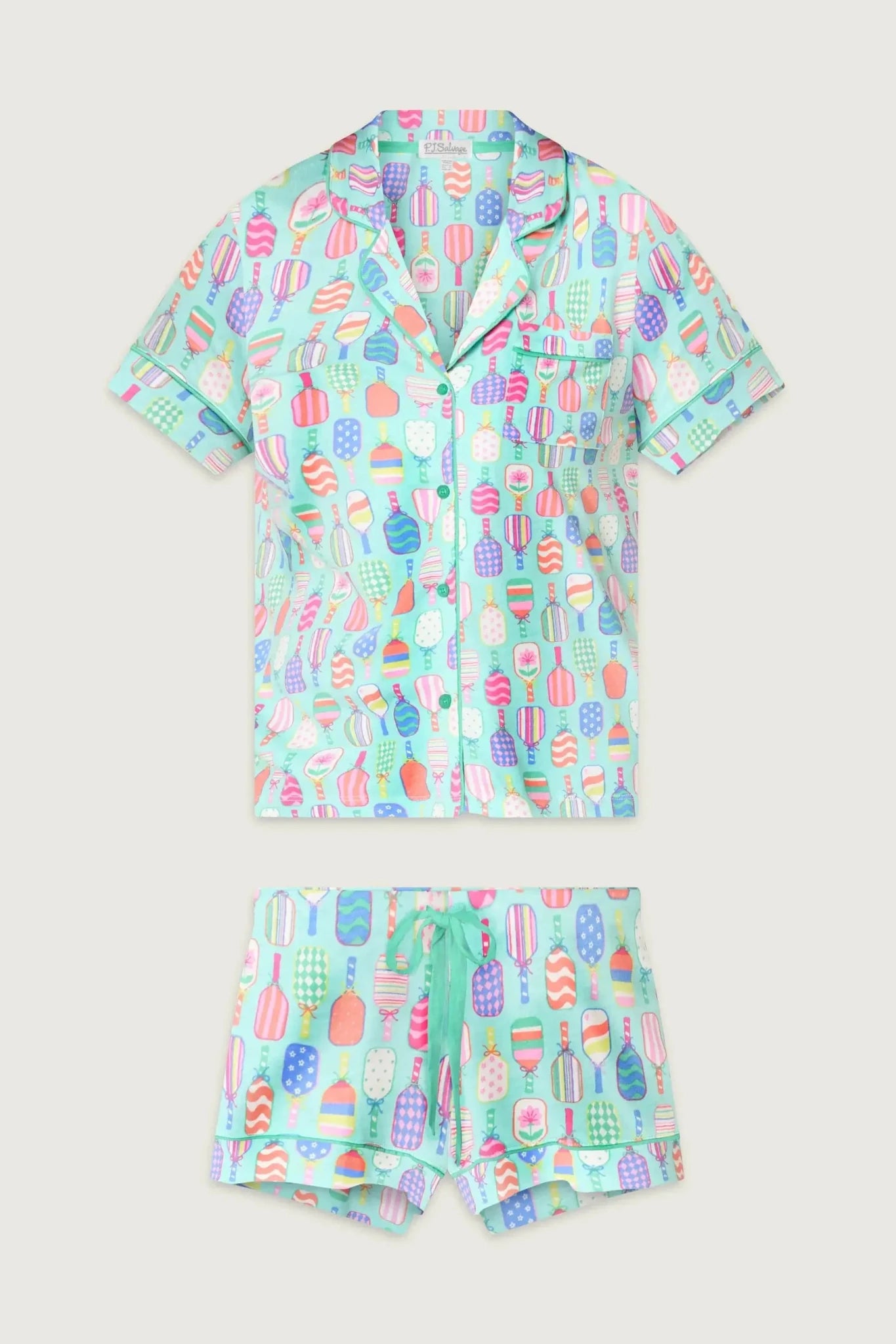PJ Salvage Whimsy Button Up & Short Short Set in colorful print featuring ice cream and fruit designs.
