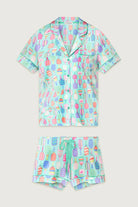 PJ Salvage Whimsy Button Up & Short Short Set in colorful print featuring ice cream and fruit designs.