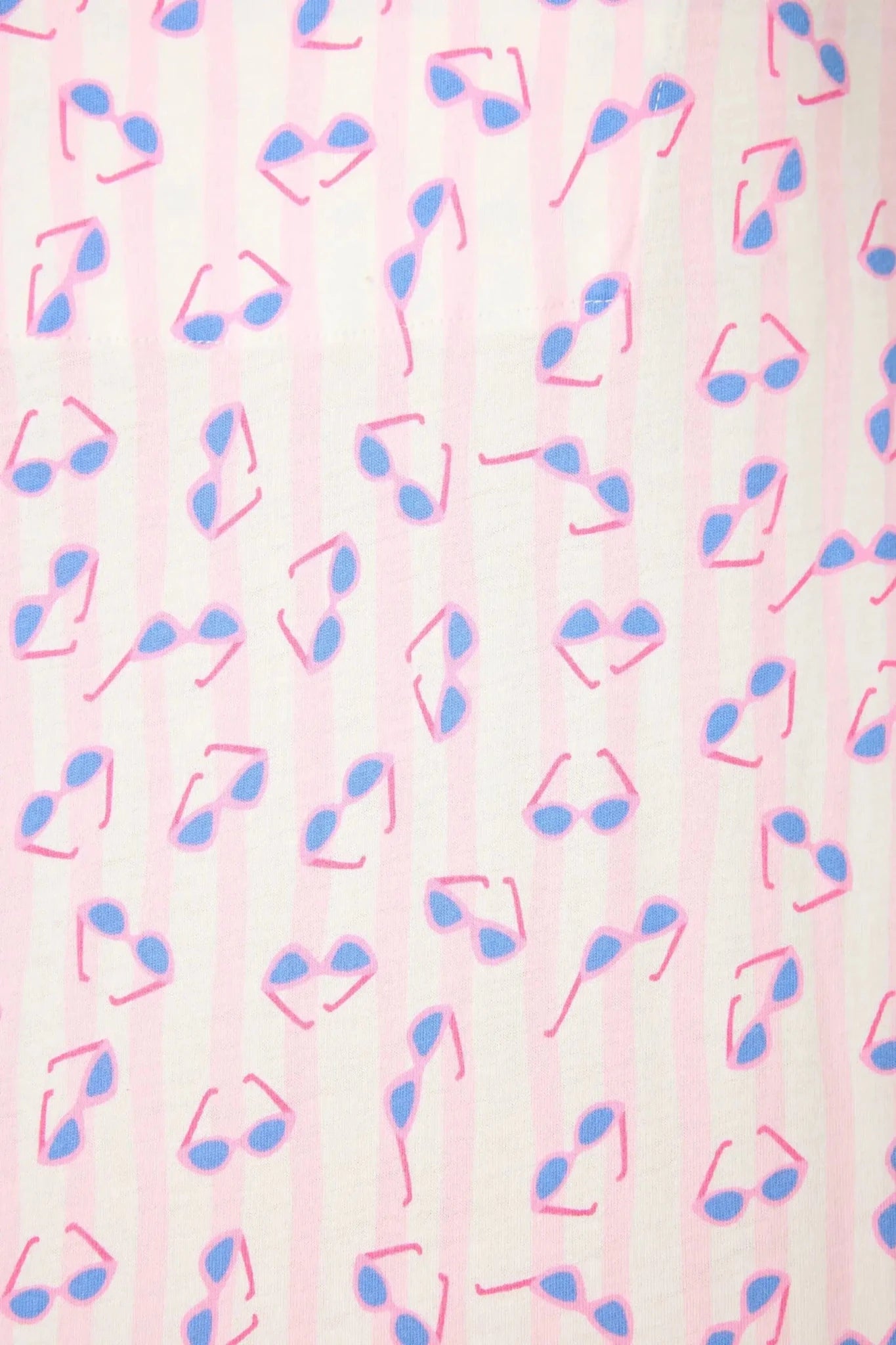 Pattern of pink and blue sunglasses on a striped background, showcasing summer vibes and playful designs.