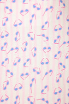 Pattern of pink and blue sunglasses on a striped background, showcasing summer vibes and playful designs.