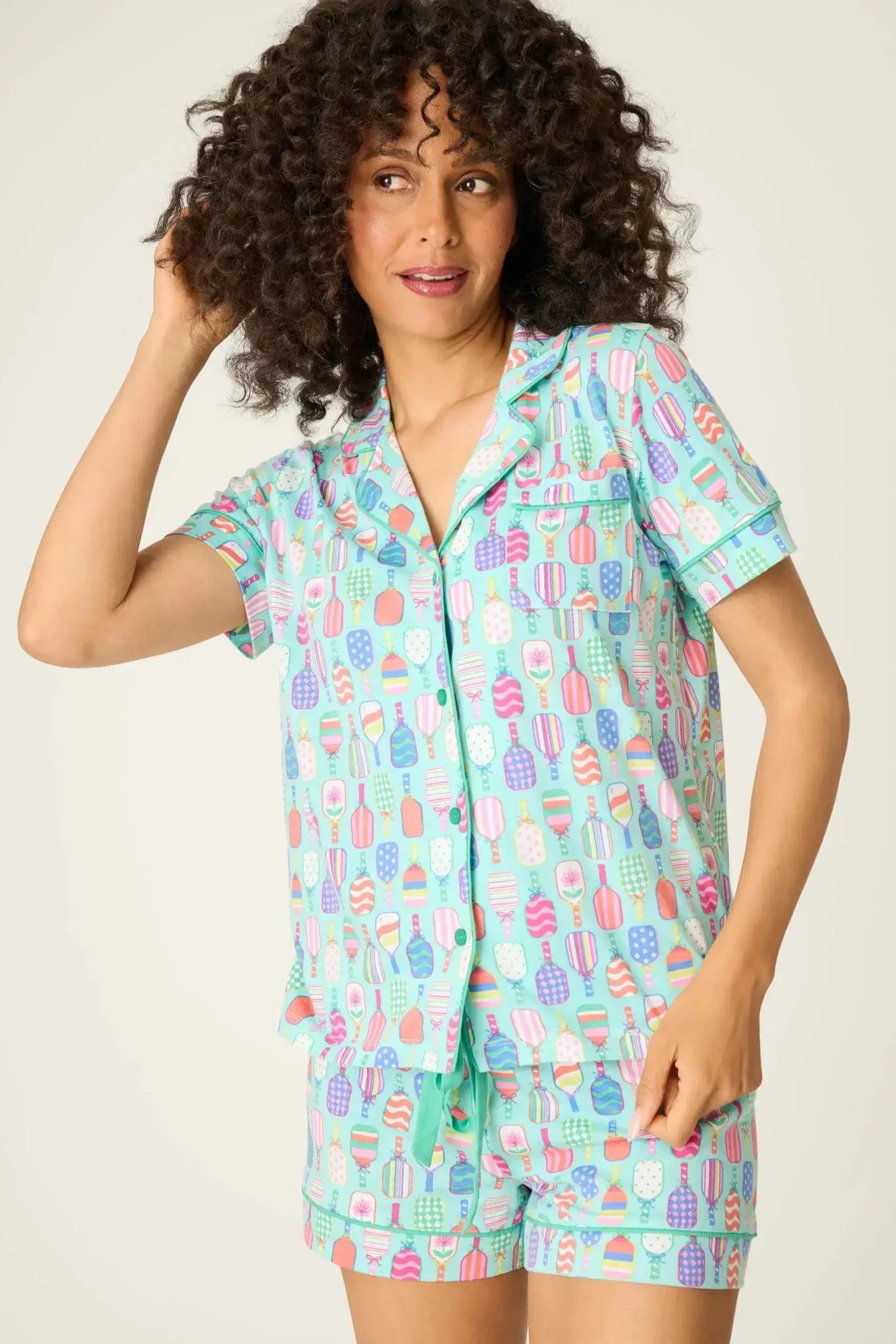 PJ Salvage Whimsy Button Up & Short Short Set in colorful ice cream print, perfect for a fun summer look.