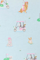 PJ SALVAGE Whimsy Cropped PJ Set in Light Blue Putter Pup print showing dogs golfing. Close up of the print