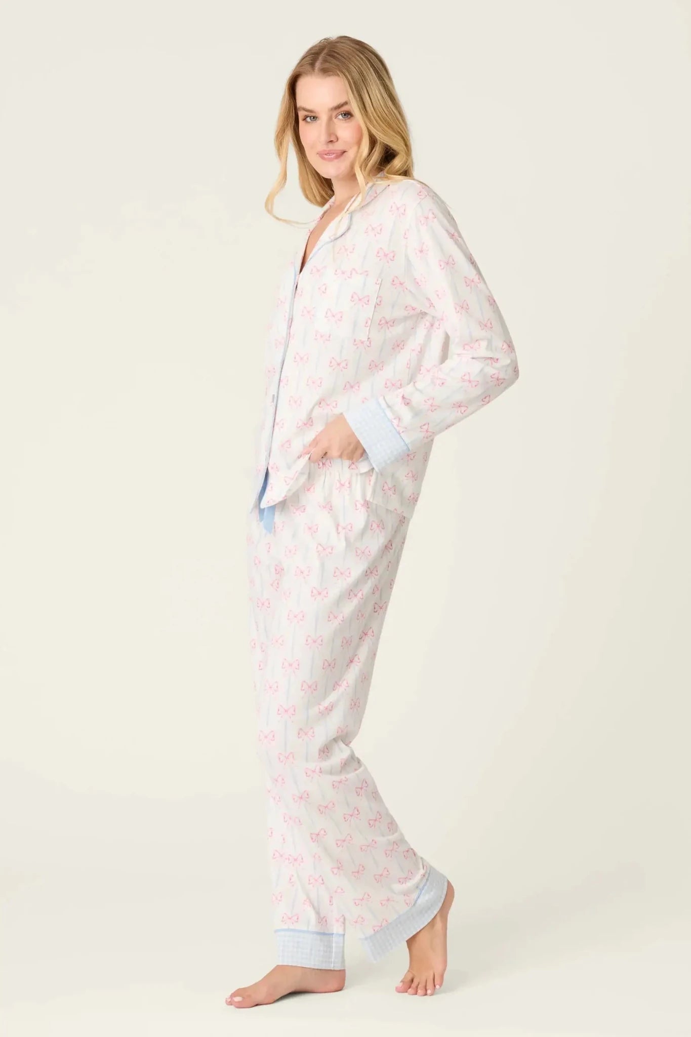 Playful Prints Cotton-Modal Long Sleeve Pajama Set by PJ Salvage in All Wrapped Up Pink Bow Print