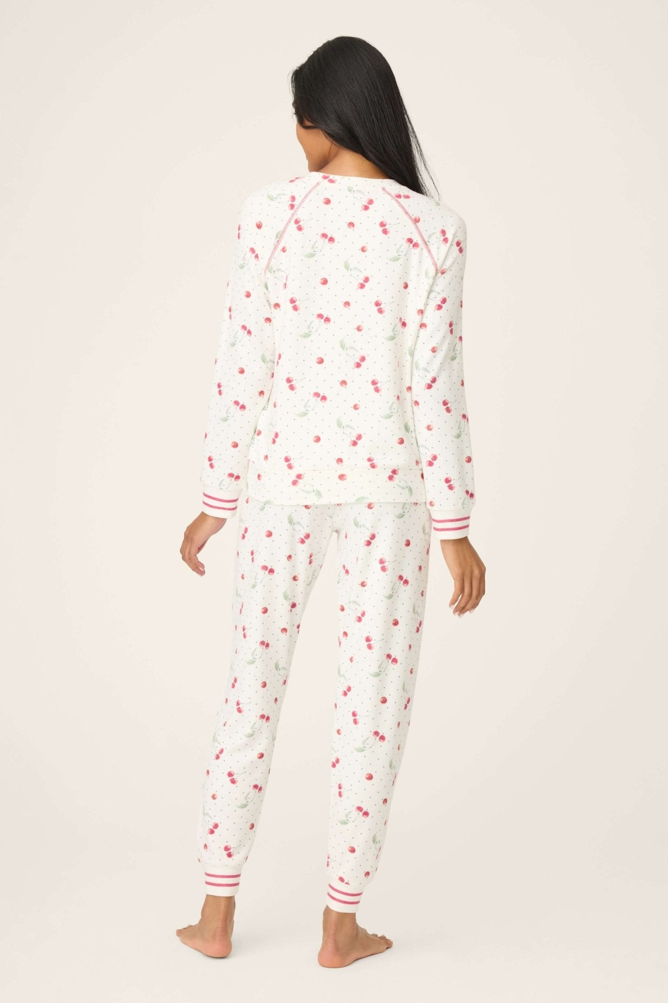 Back view of Polka Dot Cherries Peachy Jersey Pajama Set PJ Salvage showcasing the cherry print and striped details.
