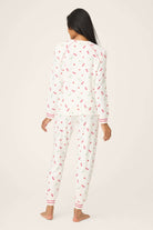 Back view of Polka Dot Cherries Peachy Jersey Pajama Set PJ Salvage showcasing the cherry print and striped details.