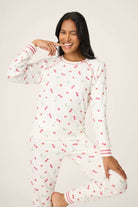 Model wearing Polka Dot Cherries Peachy Jersey Pajama Set PJ Salvage with playful cherry print and polka dots.
