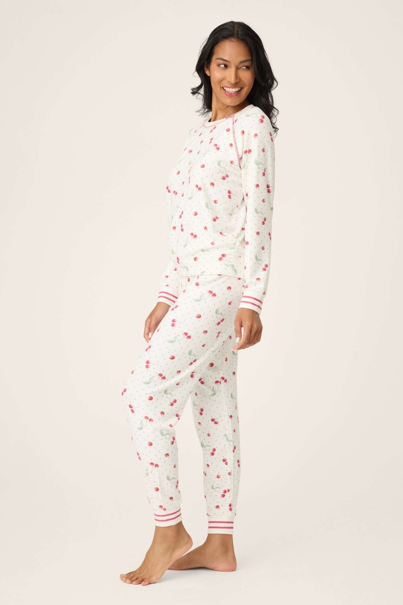 Polka Dot Cherries Peachy Jersey Pajama Set PJ Salvage displayed on a model showcasing a playful cherry print and comfy fit.