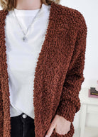 Popcorn Texture Open Summer Cardigan closeup showing texture of the chocolate brown cardigan 