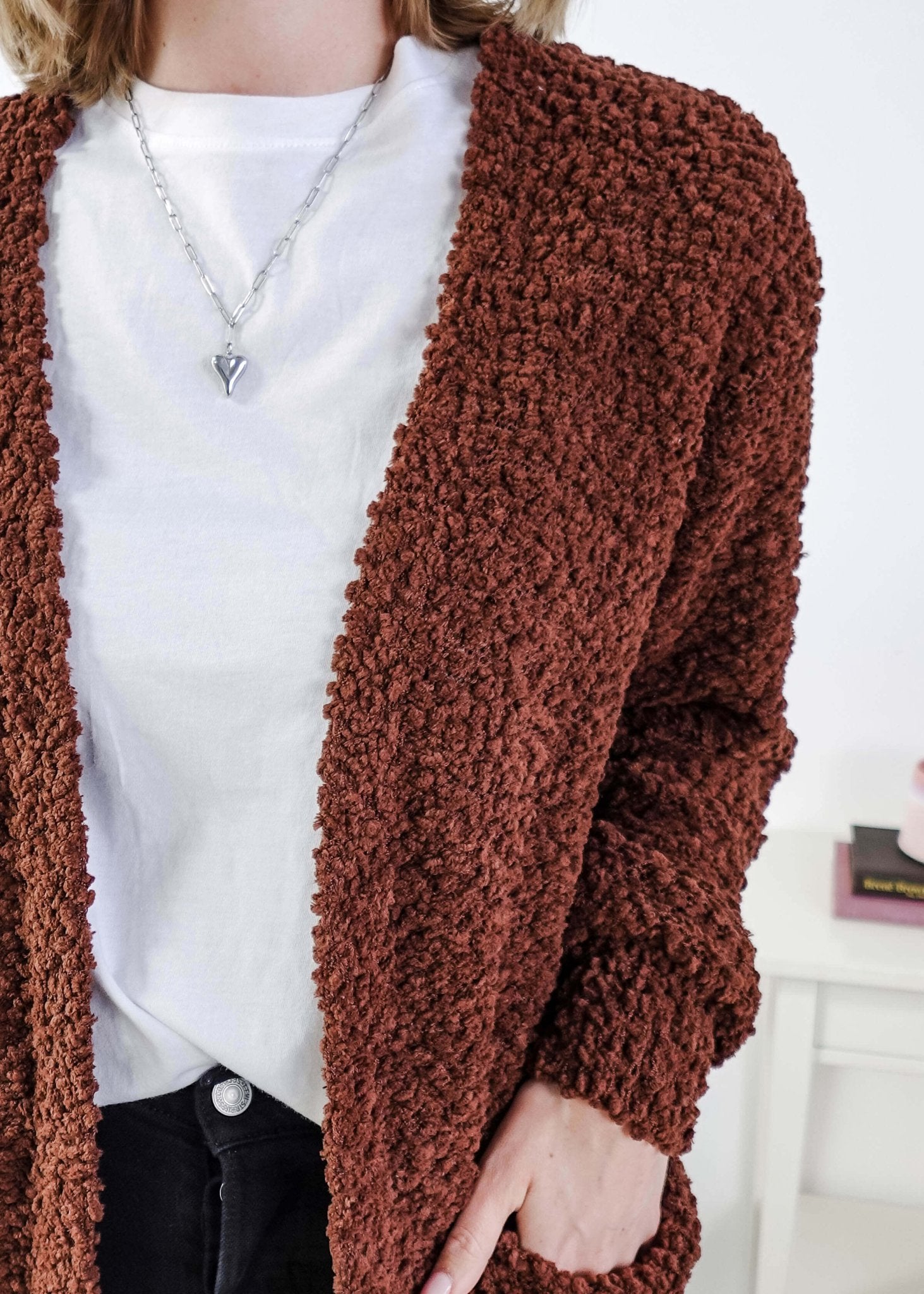 Popcorn Texture Open Summer Cardigan closeup showing texture of the chocolate brown cardigan 