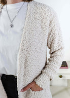 Popcorn Texture Open Summer Cardigan in sand beige showing closeup of texture