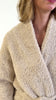 slow pan of the length of the Sand Beige Chenille Cloud Spa Robe – Plush Stretch Robe with Pockets showing texture and details from the top to the hem