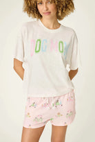Pupcation Palms Dog Mom Graphic Tee by PJ Salvage worn with playful shorts, stylish casual outfit for dog lovers.
