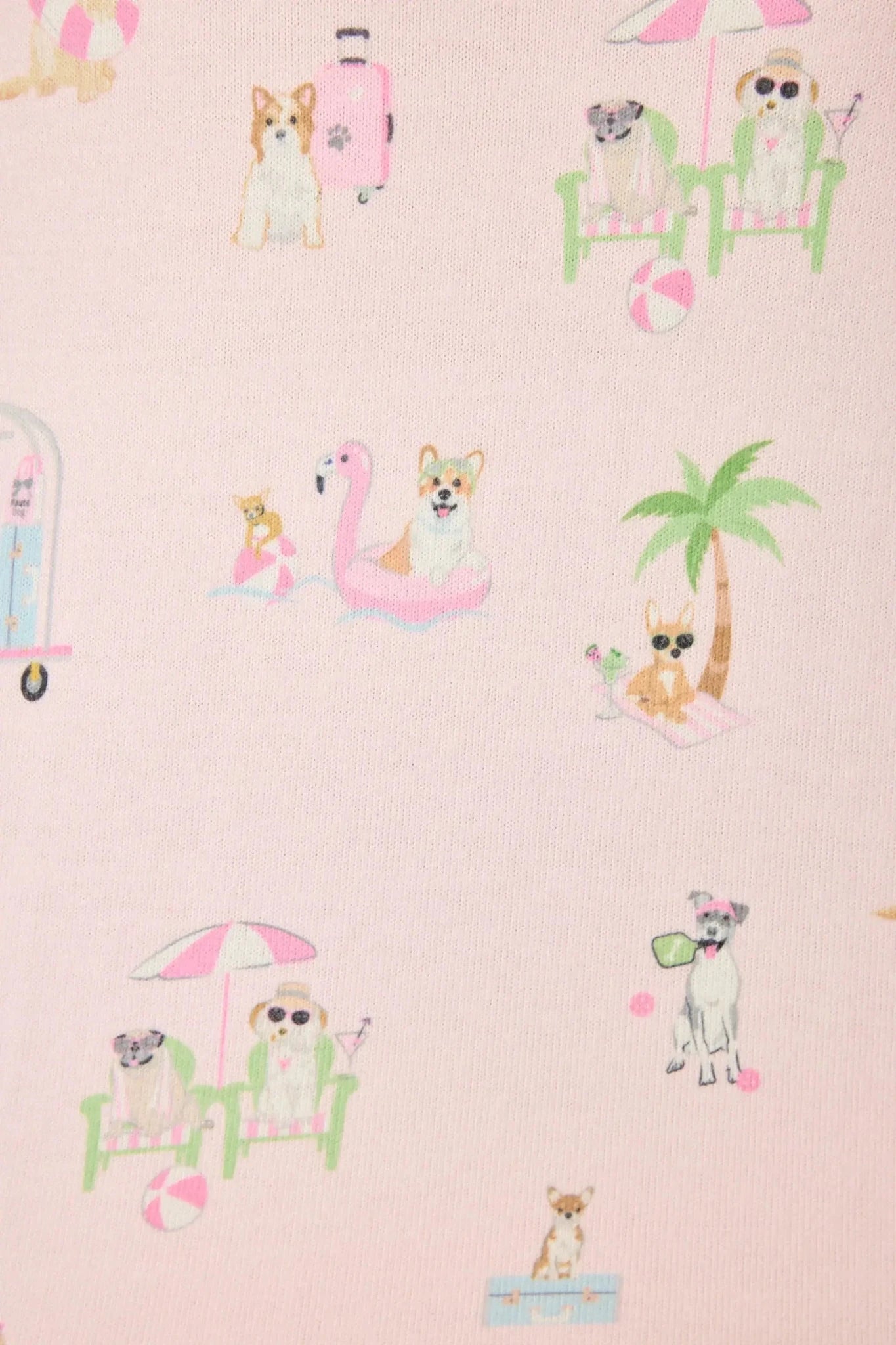 Pupcation Palms Sunnies & Sunshine Dog Print Jogger Set showing print up close