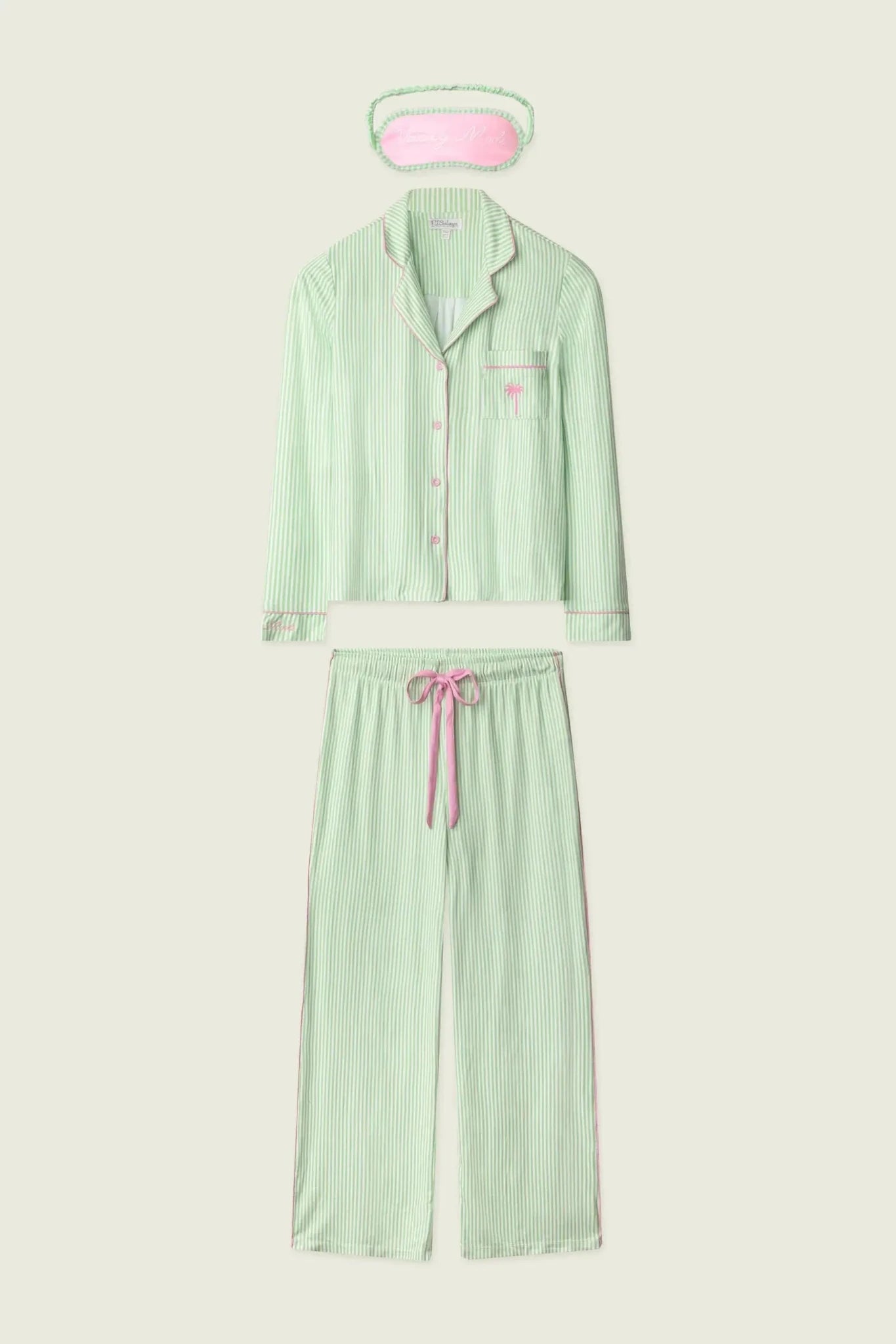 Pupcation Palms Vacay Mode Kiwi Stripe 3-Piece PJ Set PJ Salvage featuring a top, pants, and sleep mask.