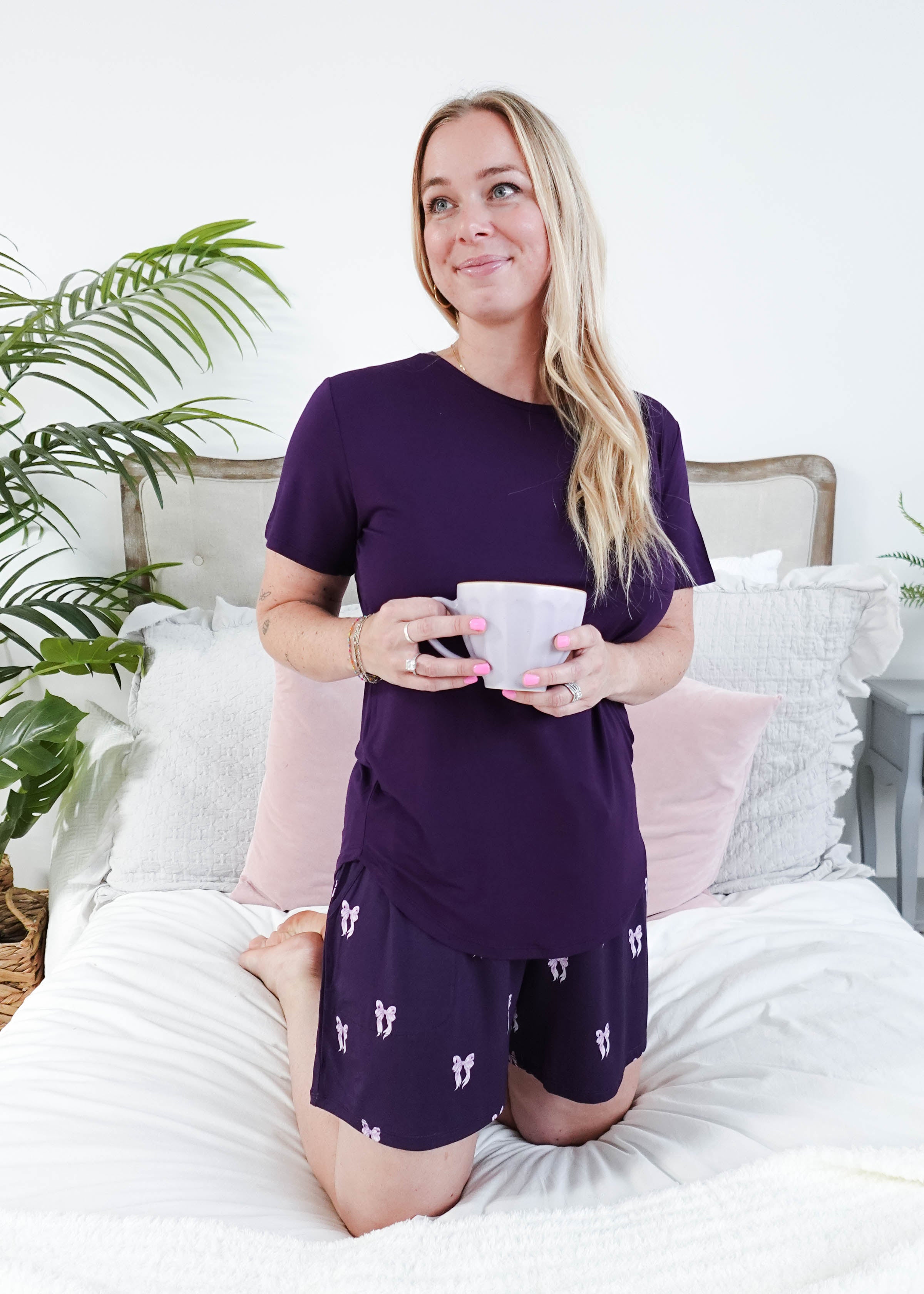 Purple Bows Print Tee & Short Bamboo PJ Set women's bamboo tee and short set pajamas purple with bows - Georgia Rylan