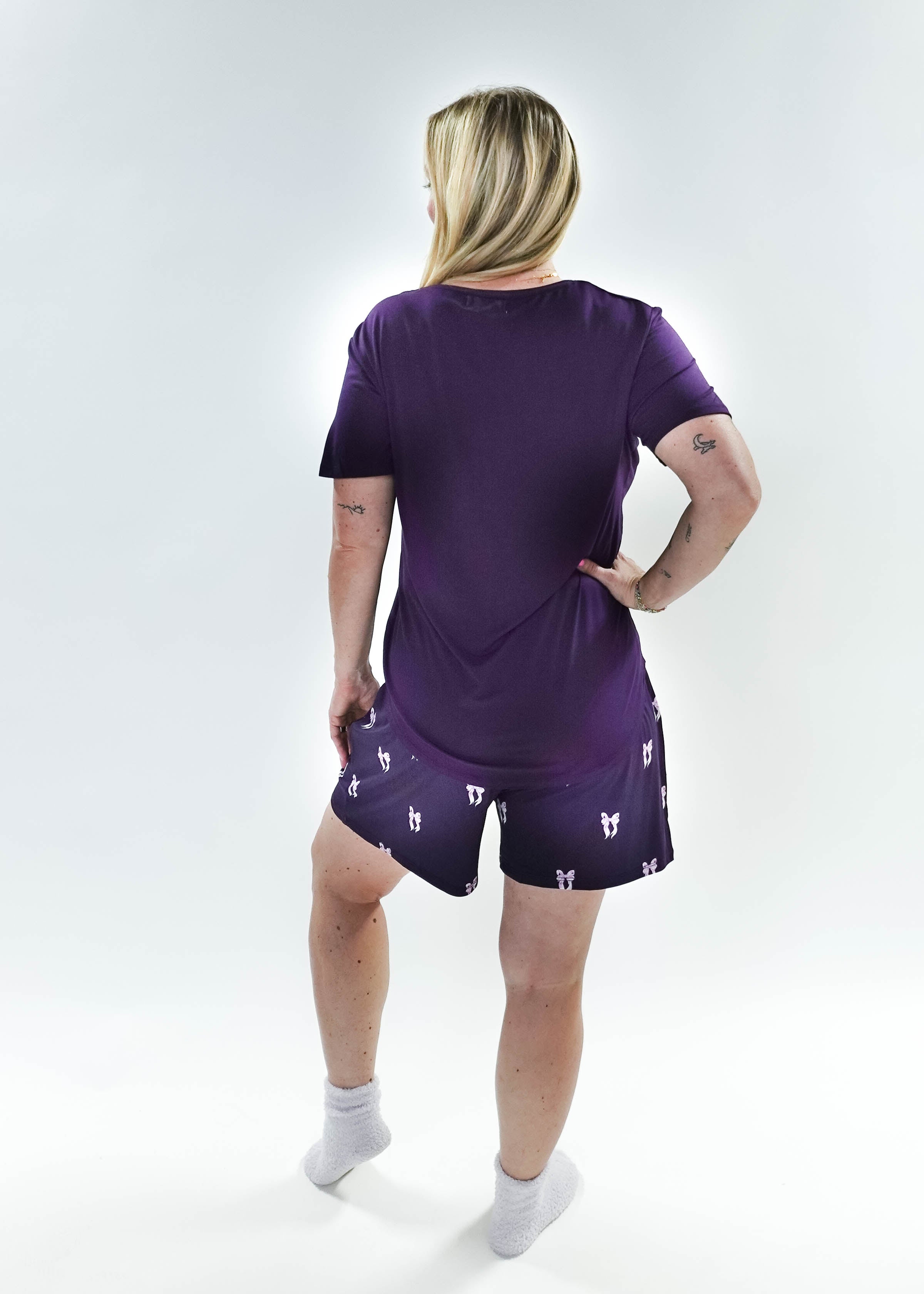 Purple Bows Print Tee & Short Bamboo PJ Set back view