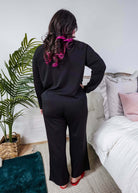 Black Long Sleeve Raw Edge Straight Pant Cloud Lounge Set viewed from the back, showcasing comfort and style.