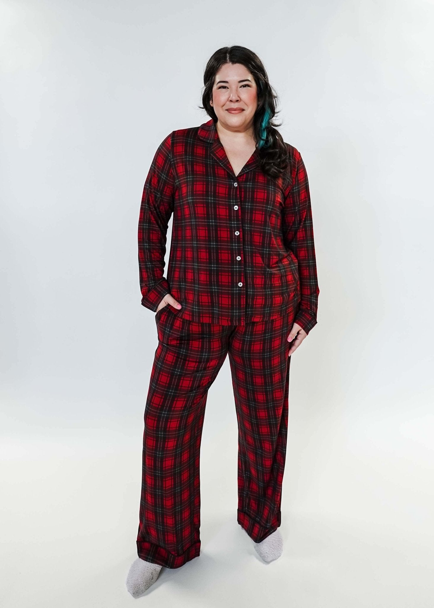 women's holiday pyjamas - Red Plaid Button Up Bamboo PJ Set Straight Leg Pant  by Georgia Rylan, pictures shows plus size model with sizing and measurement details