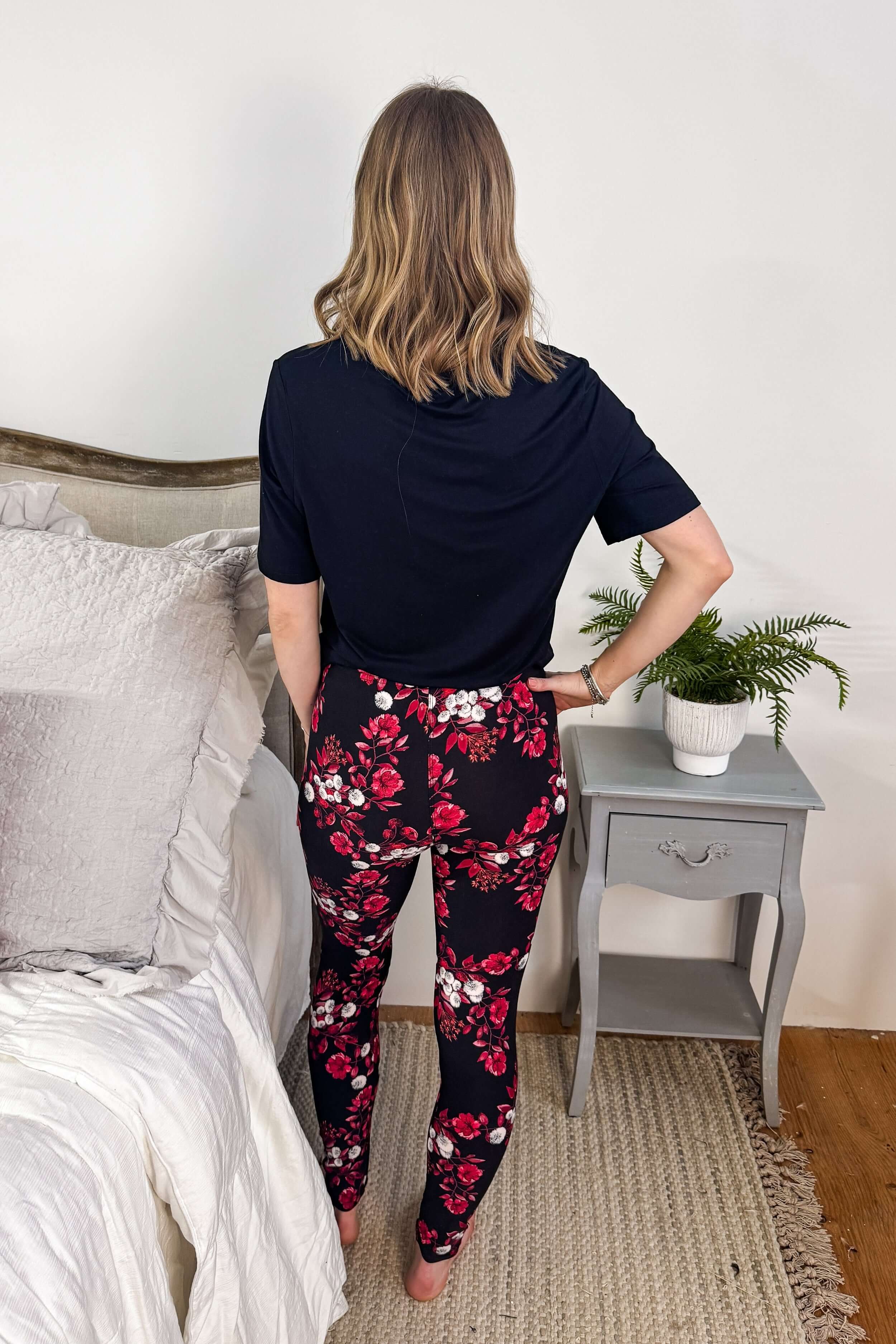Red Floral Print Regular Rise Buttery Soft Leggings | O/S fits women XS-L back view