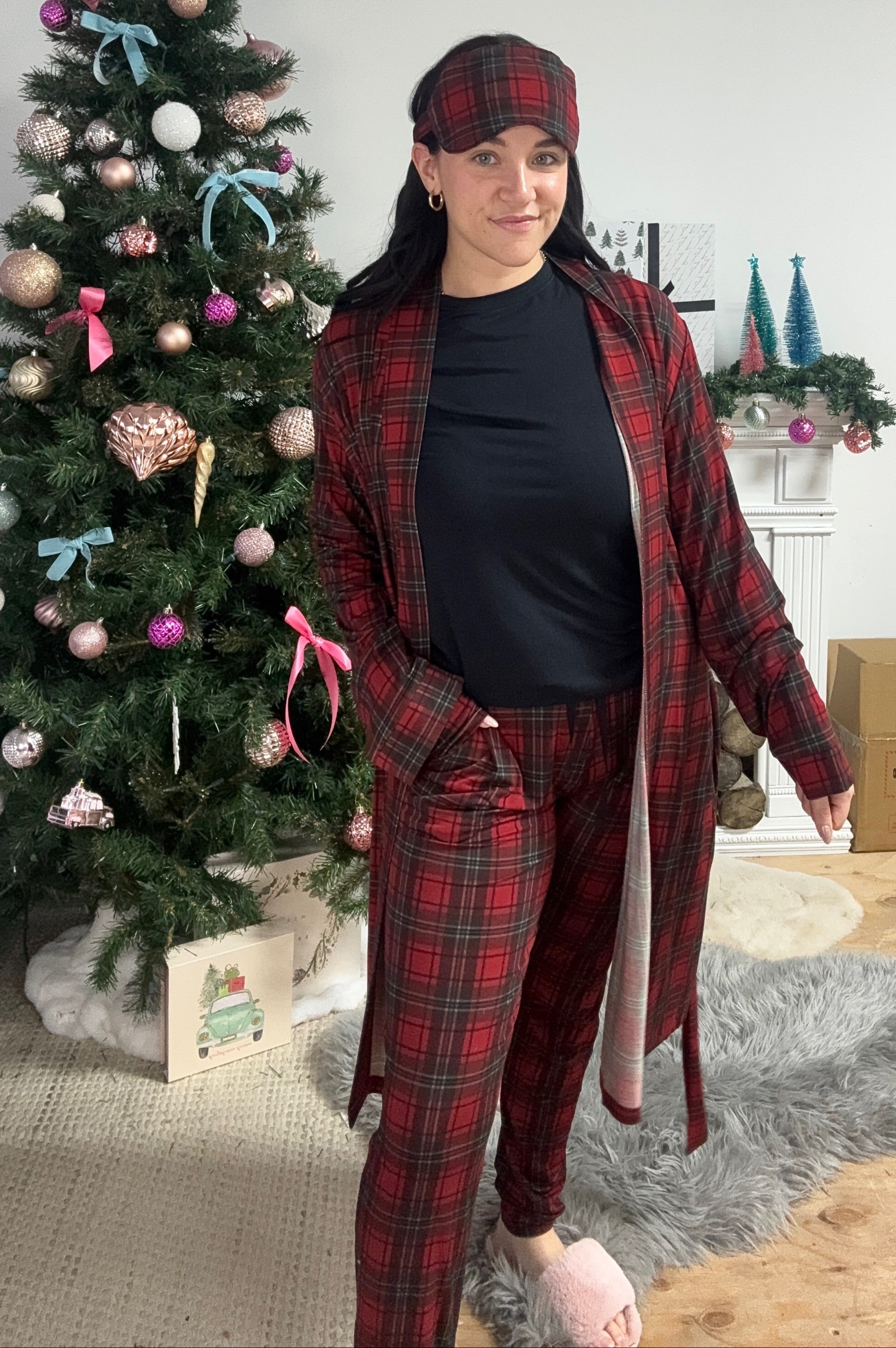 women's red plaid trio set with robe, pj set and eye mask