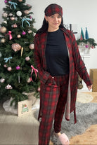 women's red plaid trio set with robe, pj set and eye mask