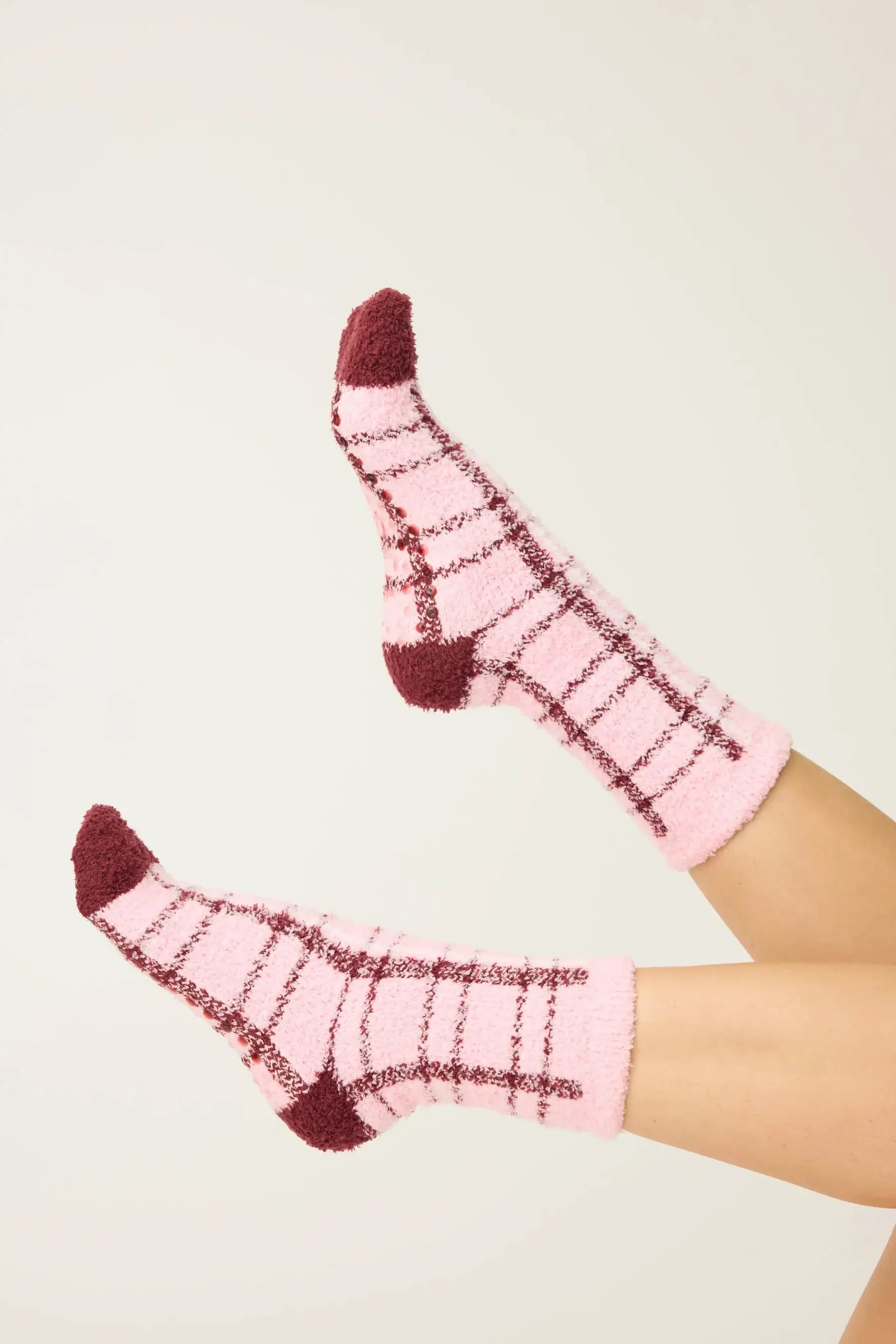 PJ Salvage Pink & Burgundy Plaid Fuzzy Cozy Crew Socks