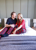 unisex joggers for men and women holiday red plaid print in soft bamboo fabric