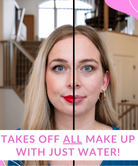 infographic for Remove It Makeup Erasing Cloth showing the difference on model before and after using the makeup face cloth. One side shows heavy makeup, the other shows the makeup completely removed and the model looking fresh faced