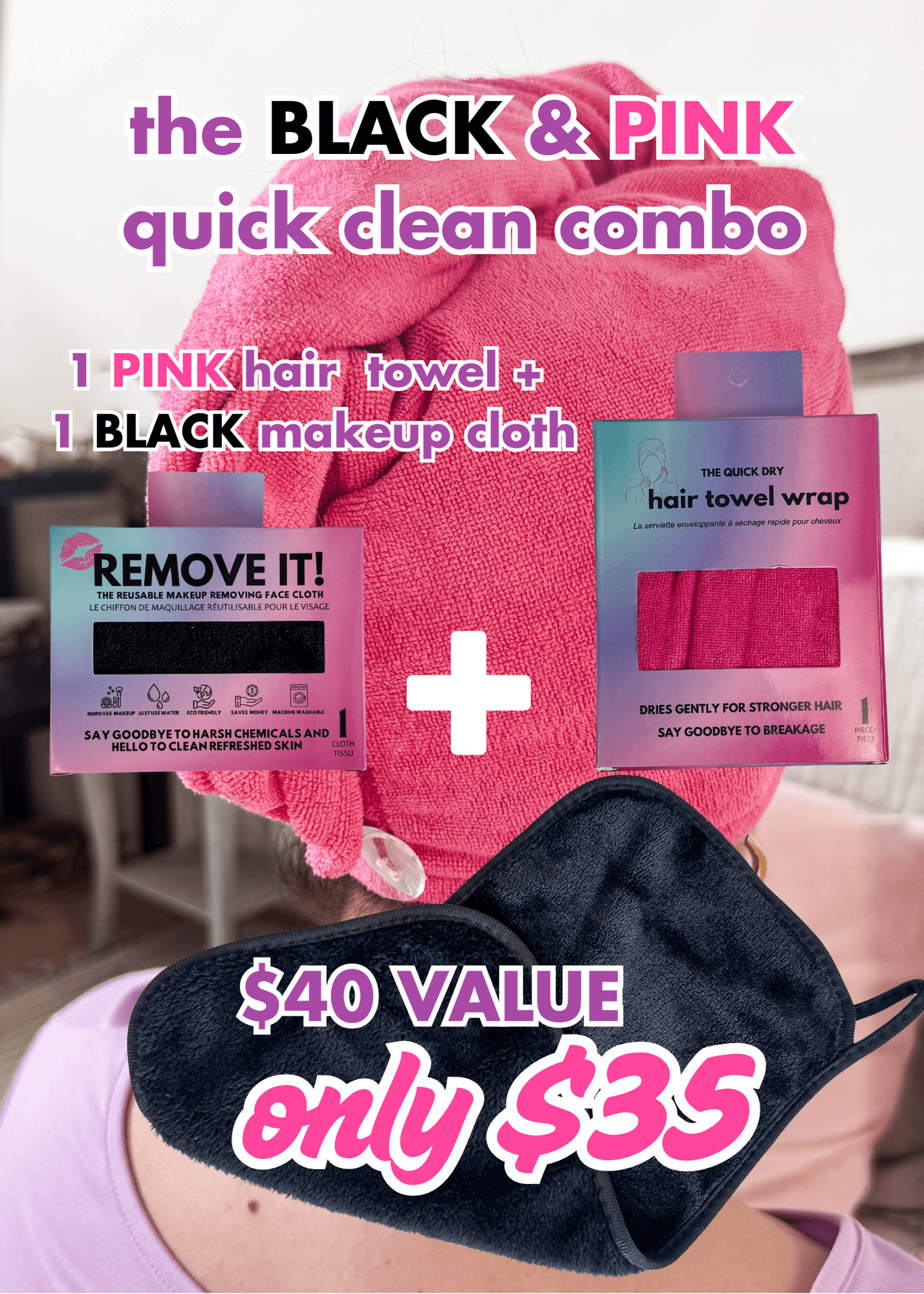 Reusable Makeup Cloth + Quick Dry Hair Towel Combo Set | Pink & Black - Remove It - Cloud Nine Pajamas
