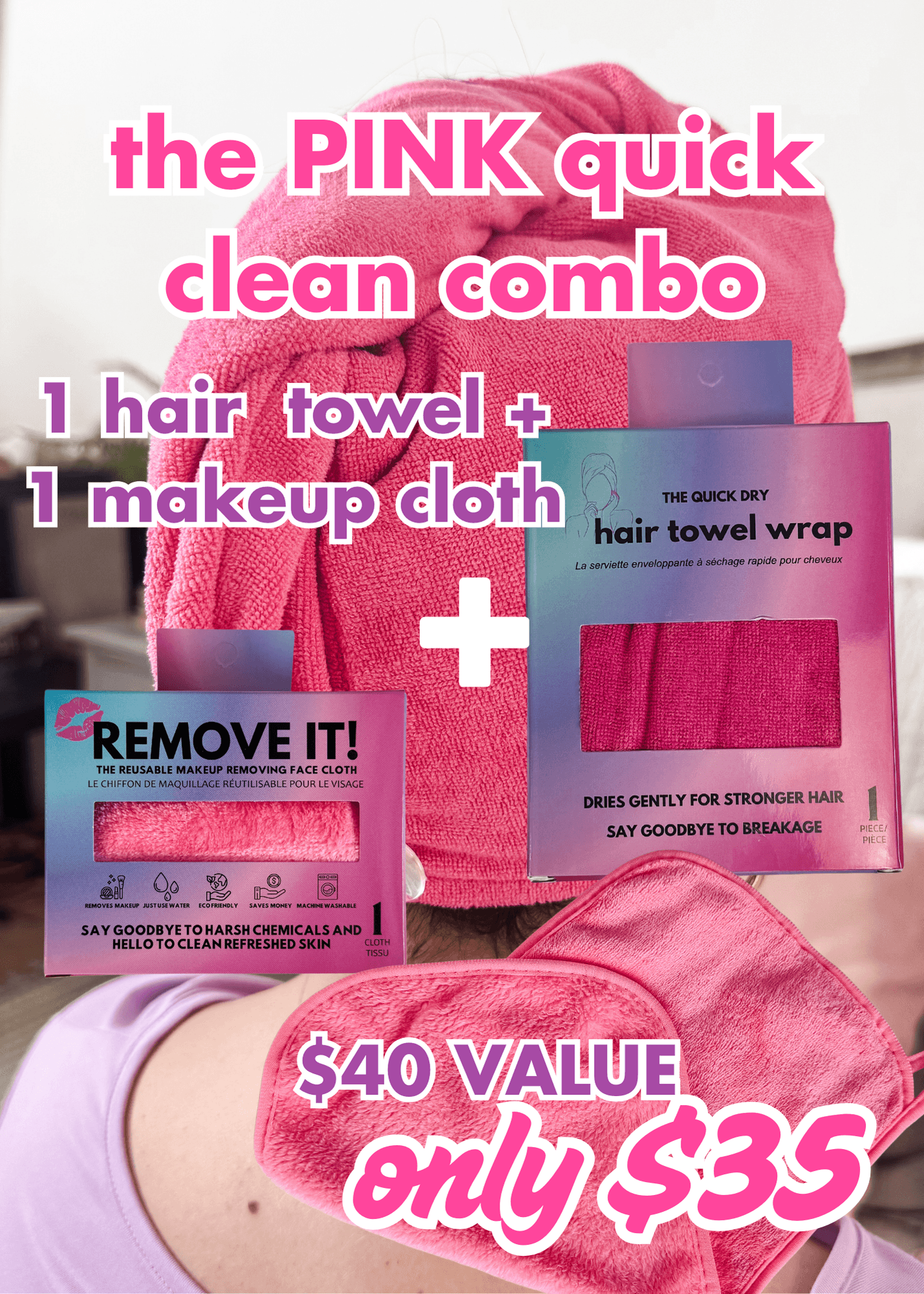 Reusable Makeup Cloth + Quick Dry Hair Towel Combo Set | Pink - Remove It - Cloud Nine Pajamas