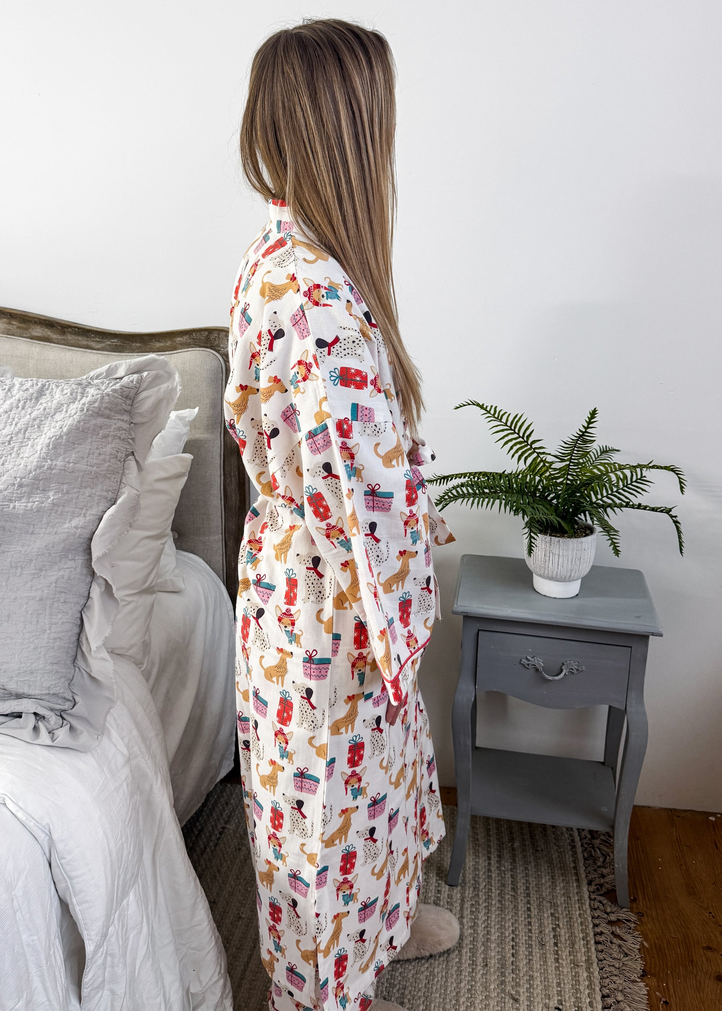 women's long flannel robe with dog print for christmas by Mahogany