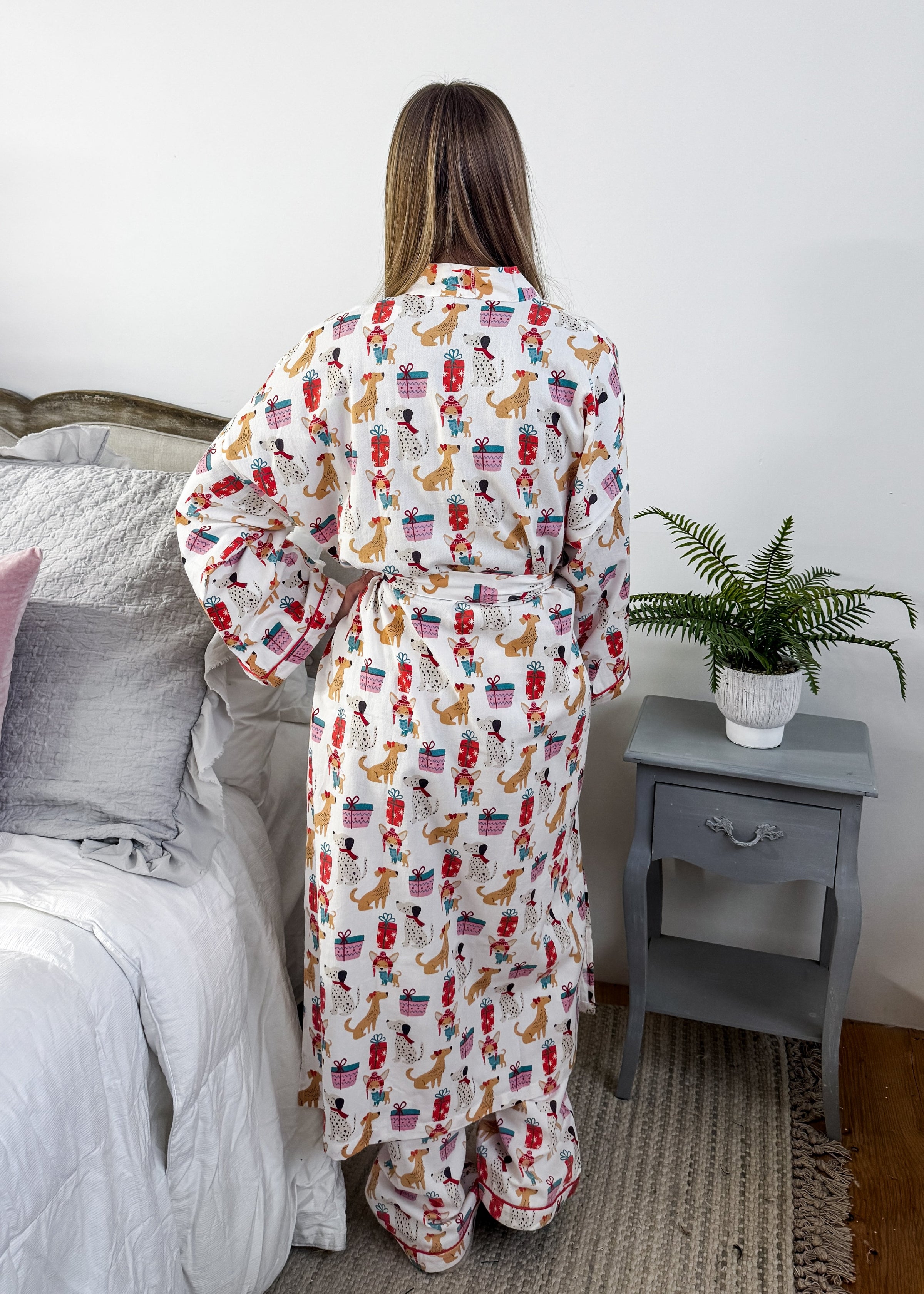 women's long flannel robe with dog print for christmas by Mahogany
