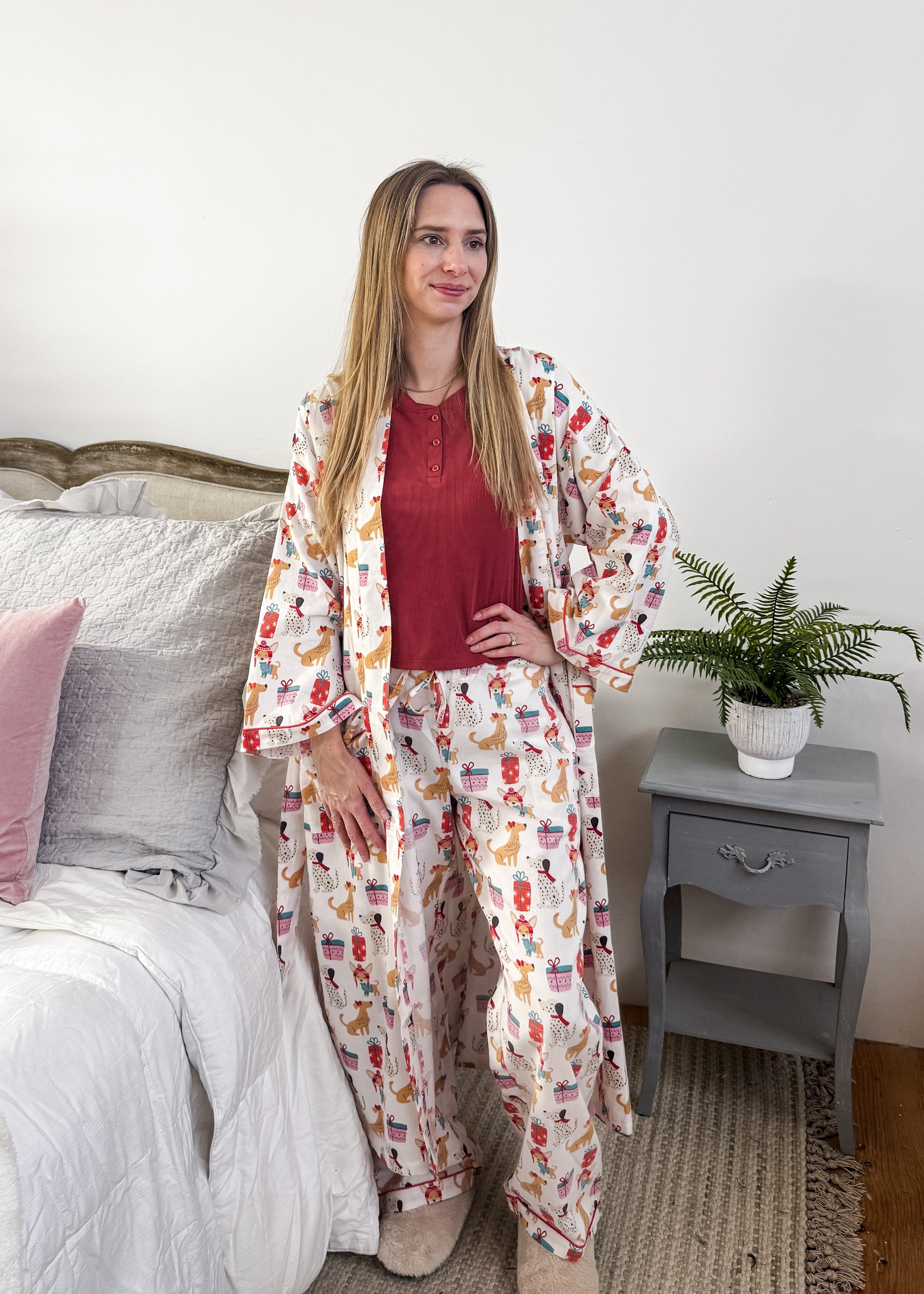 women's long flannel robe with dog print for christmas by Mahogany