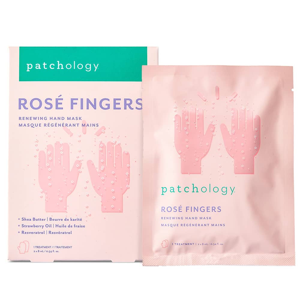 Two packages of patchology Rosé Fingers skincare product on a white background, Patchology Rosé Fingers renewing hand mask rose gold gloves shea butter