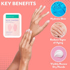 Advertisement for patchology Rose Fingers product showing key benefits on a pink background. Patchology Rosé Fingers renewing hand mask rose gold gloves shea butter