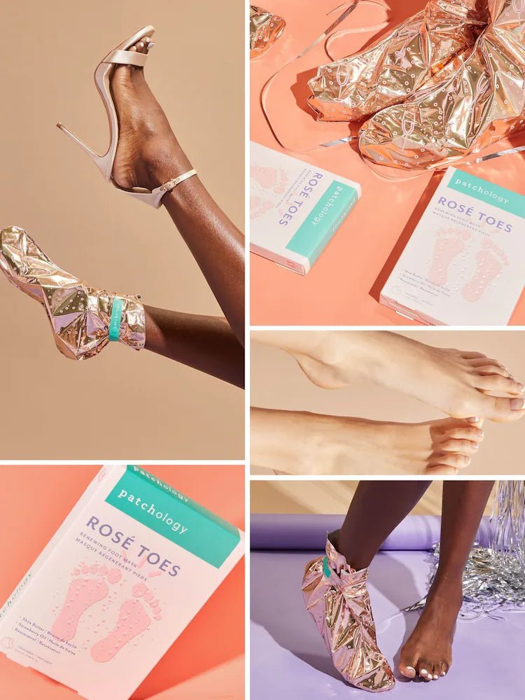 Collage of images featuring metallic high-heeled shoes, 'Rose Toes' products, and a glass of champagne. Patchology Rosé Toes renewing foot heel mask rose gold booties