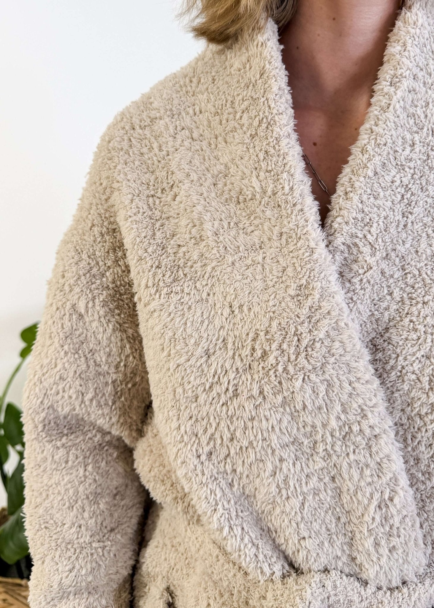 Sand Beige Chenille Cloud Spa Robe – Plush Stretch Robe with Pockets - close up showing texture of the robe