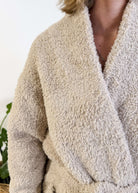 Sand Beige Chenille Cloud Spa Robe – Plush Stretch Robe with Pockets - close up showing texture of the robe