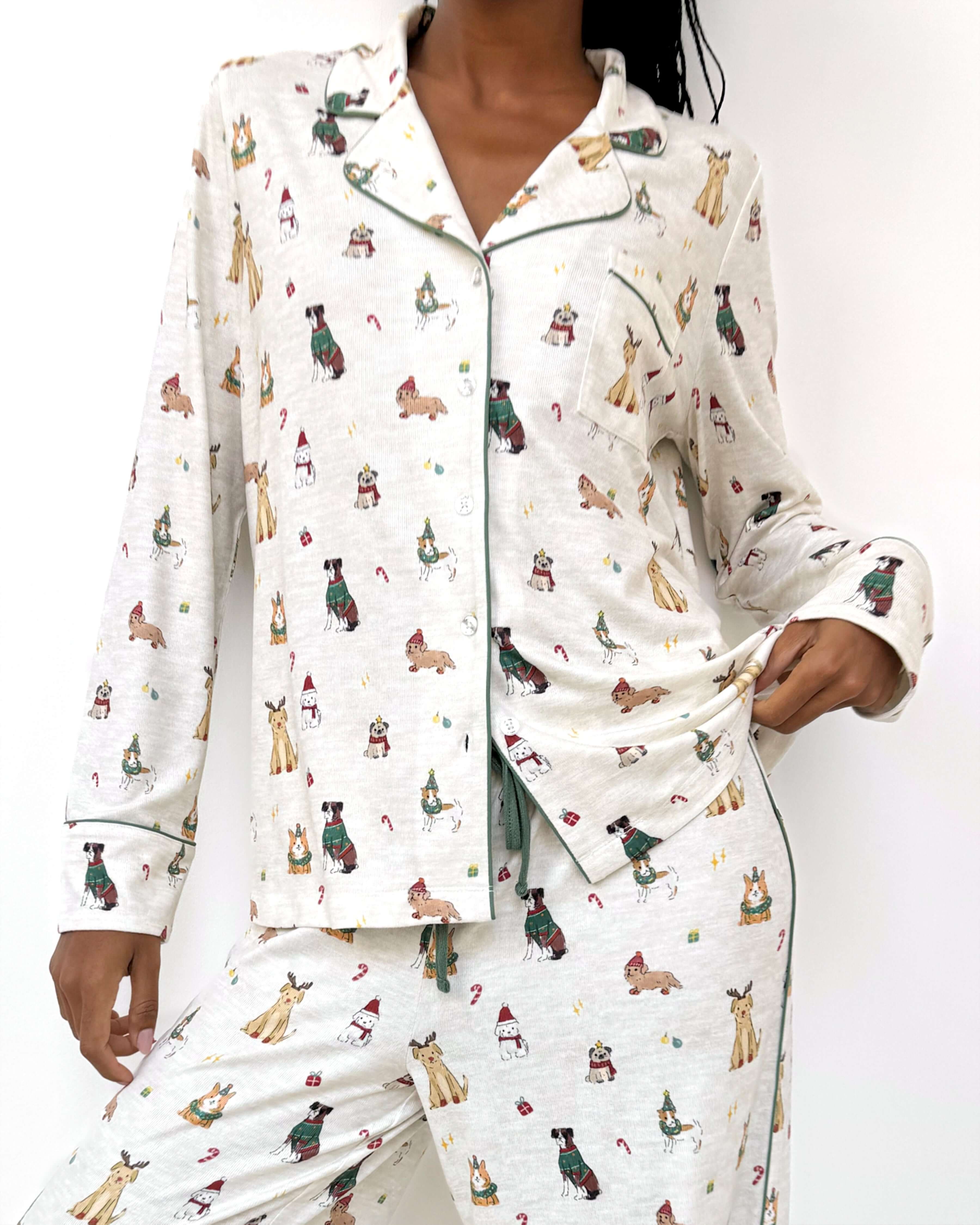 Flora Pillowsoft Sleep Set Splendid featuring silky soft button-down pajamas with playful festive dog prints.
