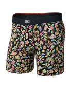 SAXX Vibe Xtra Soft Comfort Boxer Brief featuring colorful floral print design on a black background.