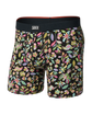 SAXX Vibe Xtra Soft Comfort Boxer Brief featuring colorful floral print design on a black background.