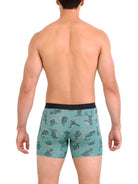 Back view of a man wearing Vibe Xtra Soft Comfort Boxer Brief with fun prints from SAXX.
