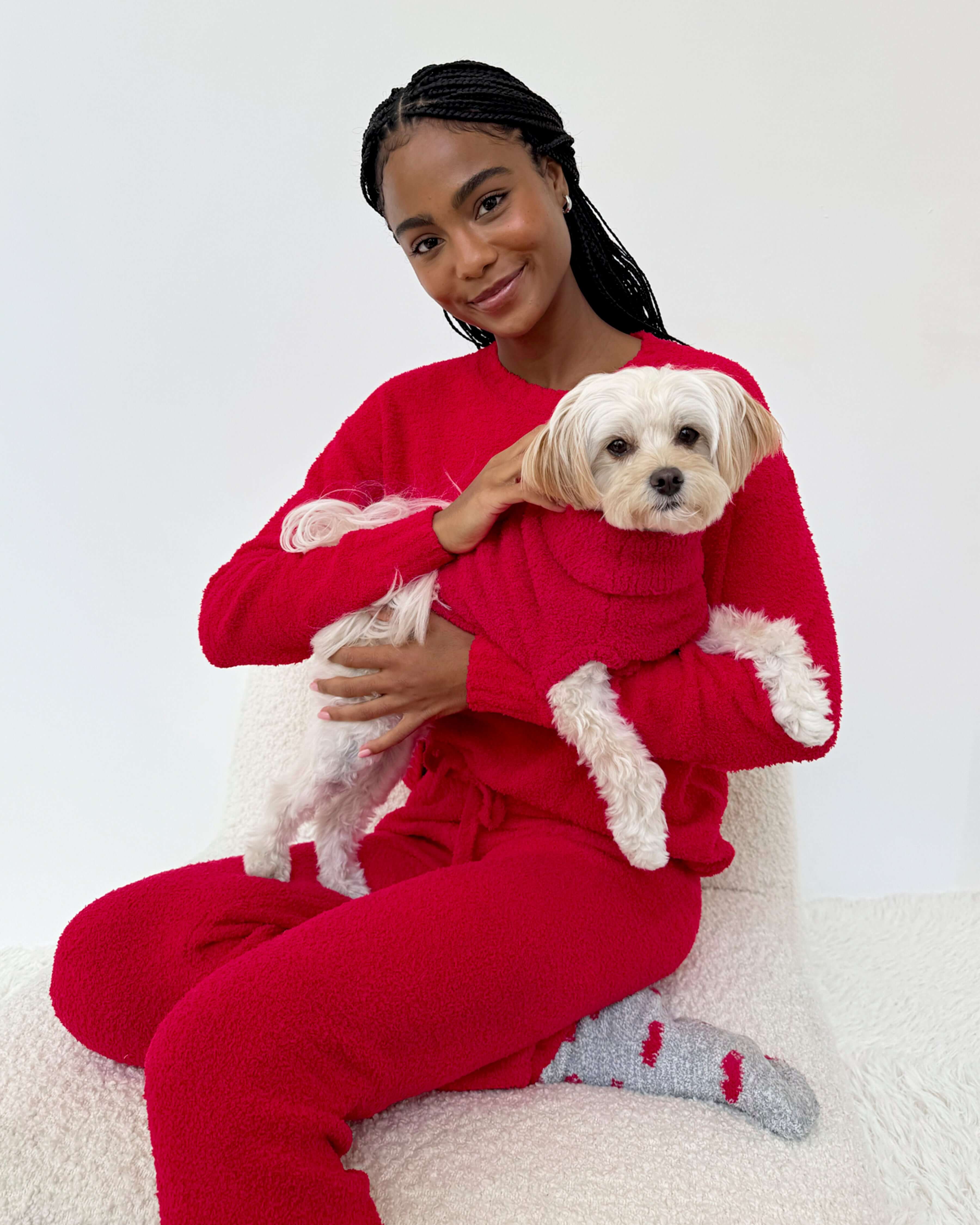 Woman wearing Cloud-Soft Fuzzy Sweater Pajama Set Splendid in vibrant red, showcasing ultimate comfort and style.